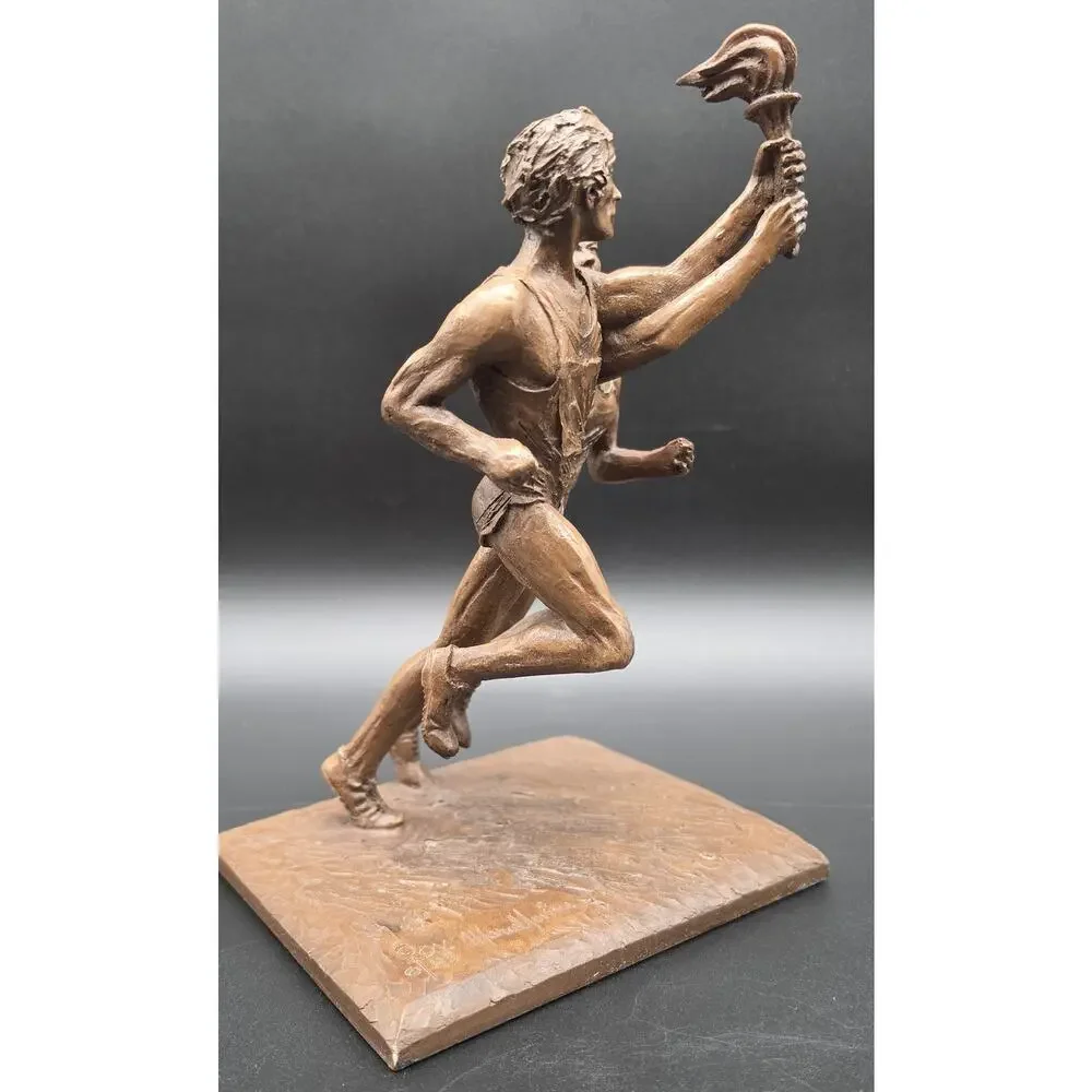 Vintage Bronze Olympic Runners Torch Sculpture 9.75
